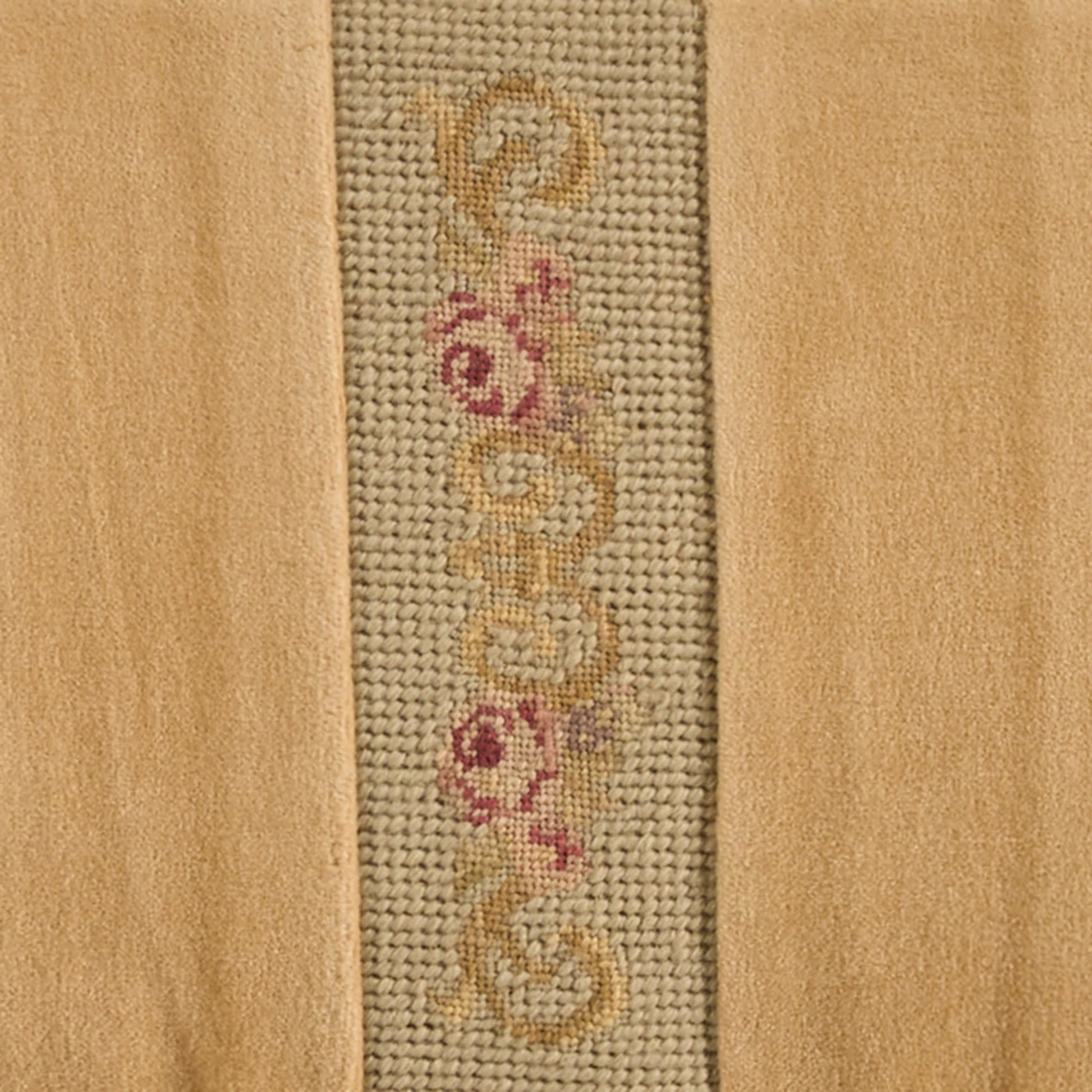Beige textile with a narrow central woven panel featuring gold and pink scrolling floral motif.