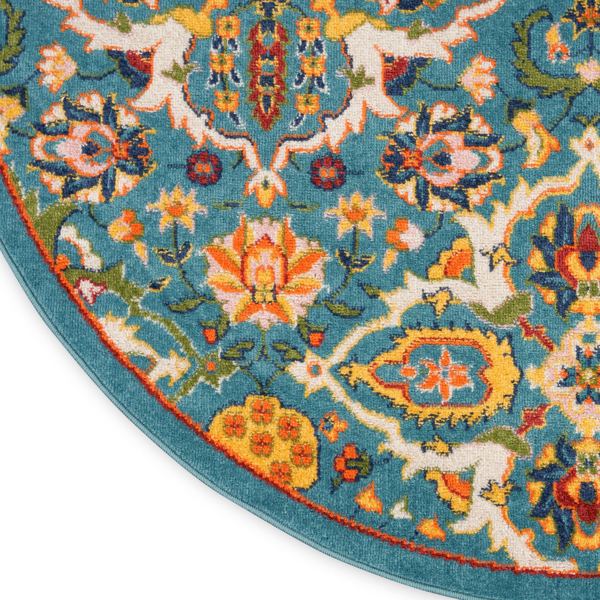 Turquoise round rug with ornate multicolor floral damask pattern, vibrant orange, yellow, pink accents and teal border.