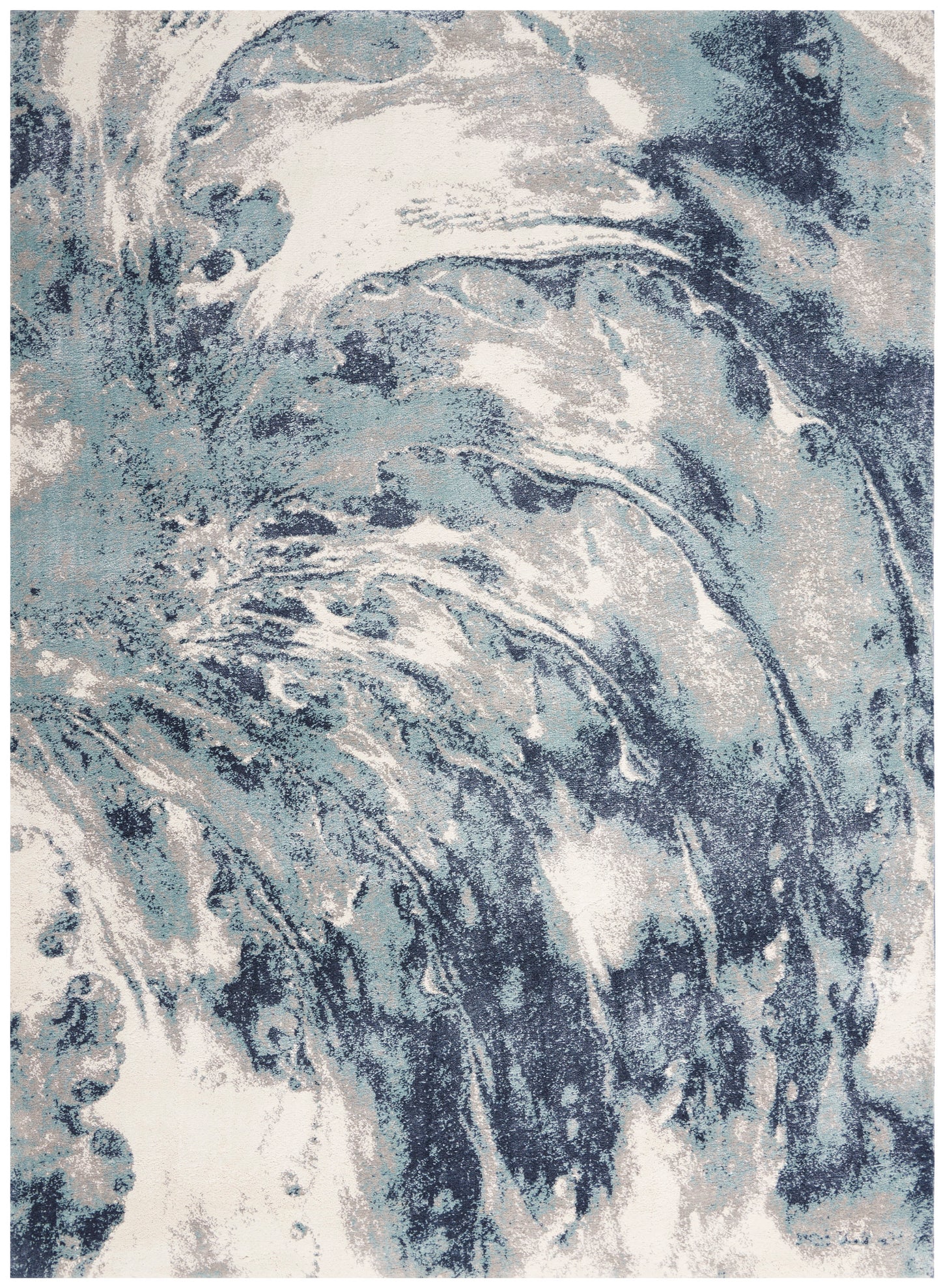 Rectangular rug with abstract blue and white wave pattern, watercolor swirls; coastal decor floor art.