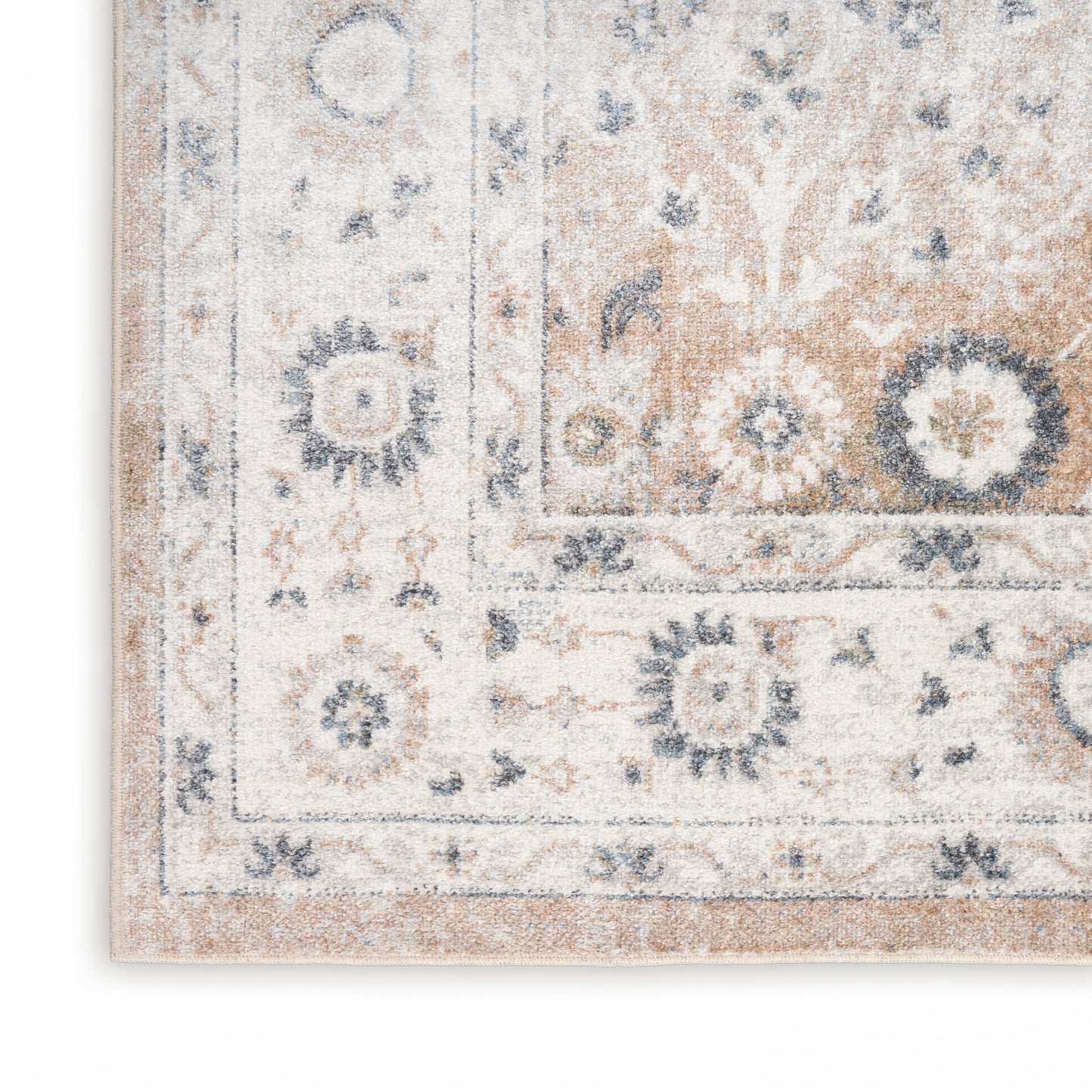 Distressed ivory and blue oriental runner rug with floral medallions and decorative border.