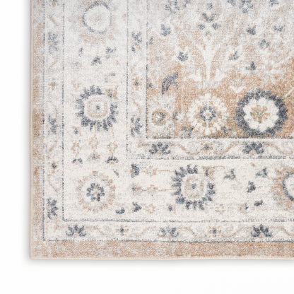 Distressed ivory and blue oriental runner rug with floral medallions and decorative border.