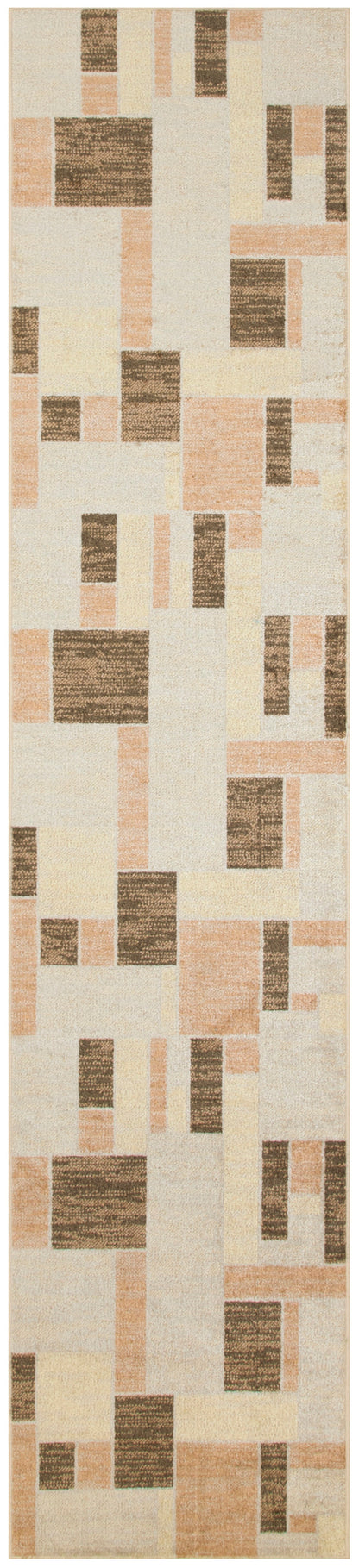 Abstract geometric mosaic rug: peach and wood-grain brown rectangles on a beige background.
