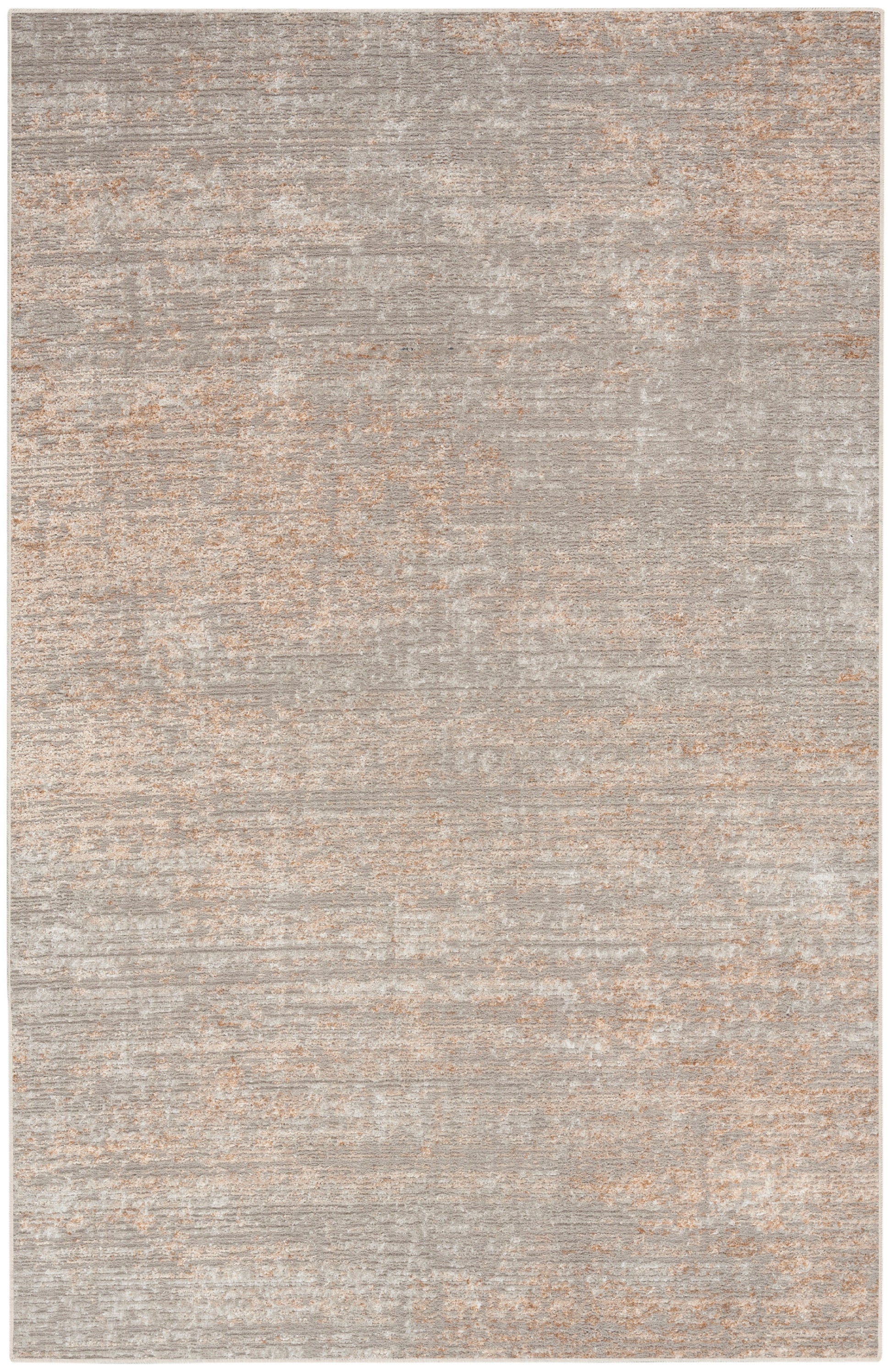Neutral beige-gray distressed area rug with subtle rust-tan accents and a soft, textured contemporary pattern.