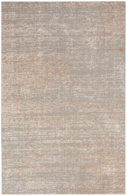 Neutral beige-gray distressed area rug with subtle rust-tan accents and a soft, textured contemporary pattern.