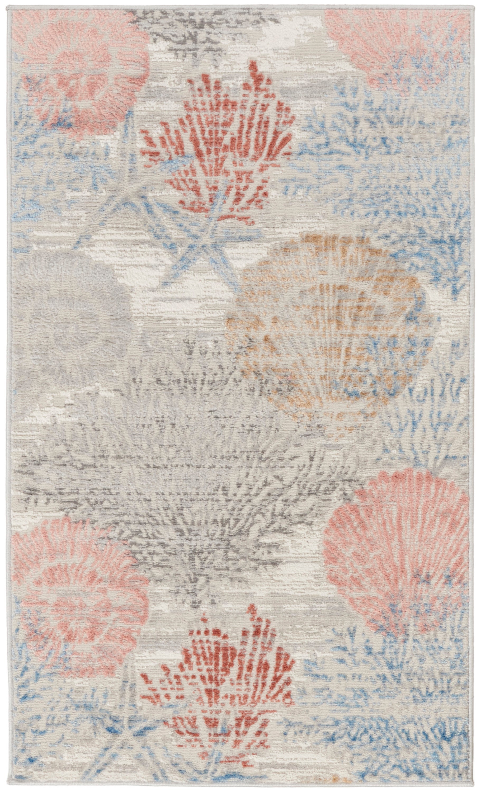 Pastel coastal area rug with coral reef motifs in pink, blue, and orange on a beige background.