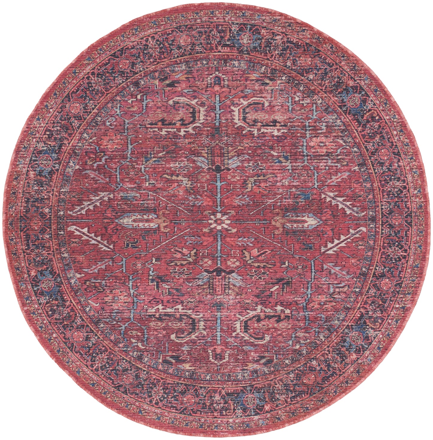 Round red rug with navy blue border, distressed vintage floral and geometric medallion pattern.