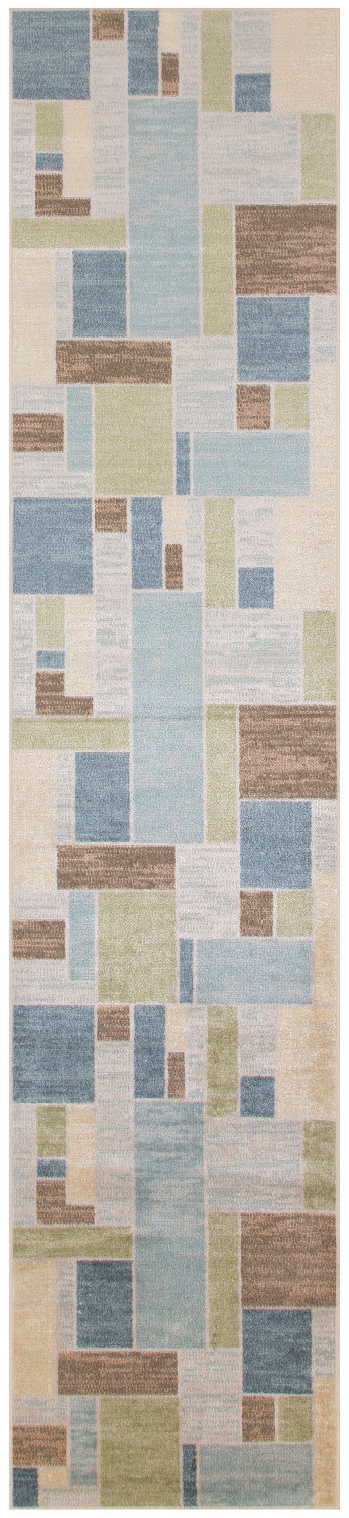 Swatch-style vertical mosaic of rectangular tiles in blues, beiges, greens and browns on a modern rug runner.