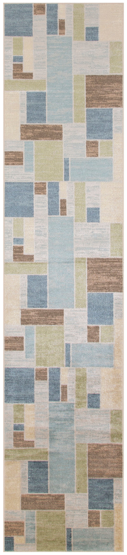 Swatch-style vertical mosaic of rectangular tiles in blues, beiges, greens and browns on a modern rug runner.