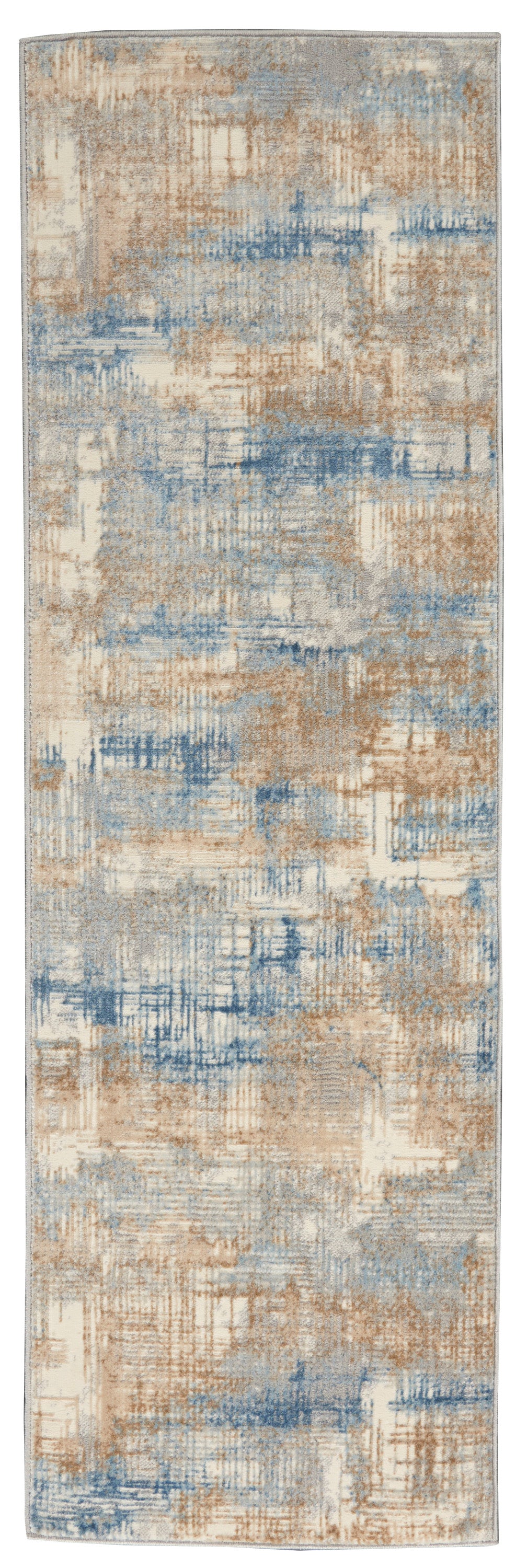 Abstract pattern rug in beige, tan and blue with a soft pile and muted tones.