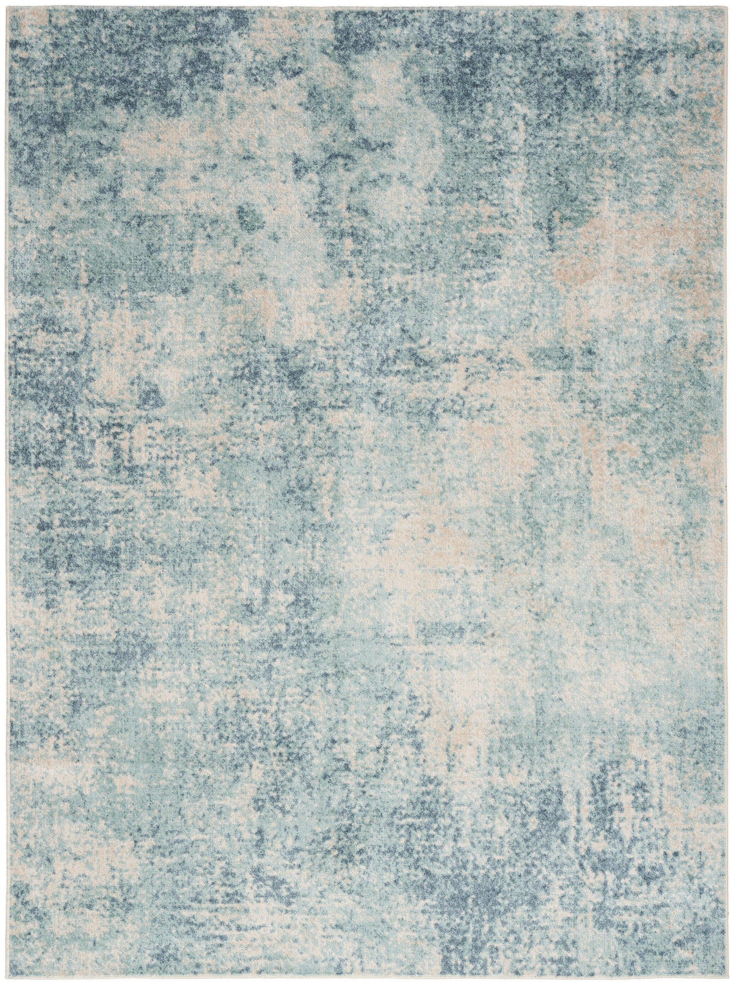 Blue and ivory distressed abstract area rug with a soft washed pattern; modern rug for living room or bedroom.
