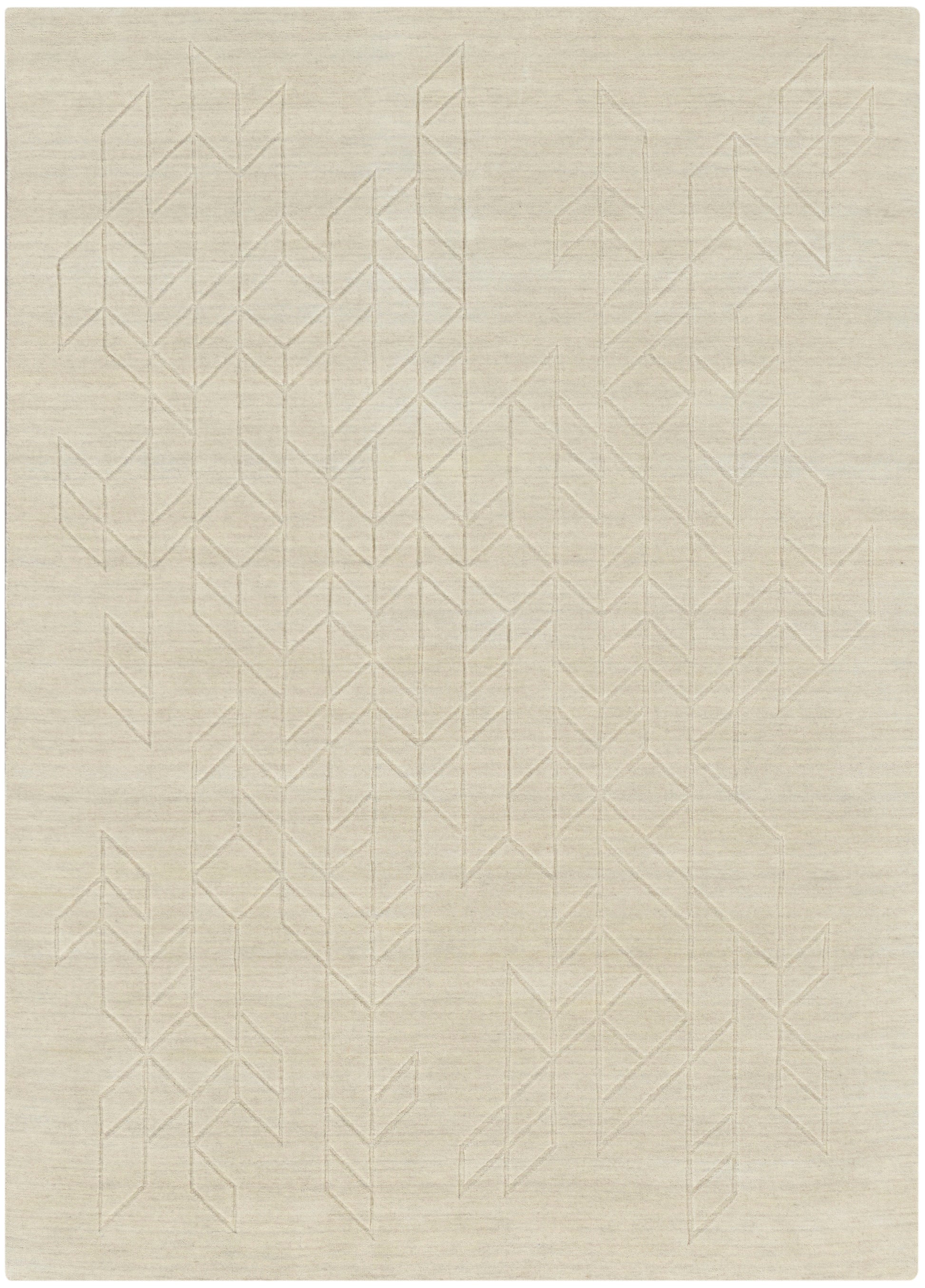 Beige rectangular rug with a subtle pale geometric chevron pattern; woven texture, modern minimalist decor.