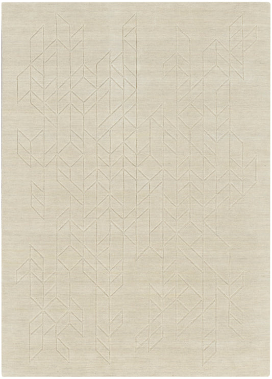 Beige rectangular rug with a subtle pale geometric chevron pattern; woven texture, modern minimalist decor.