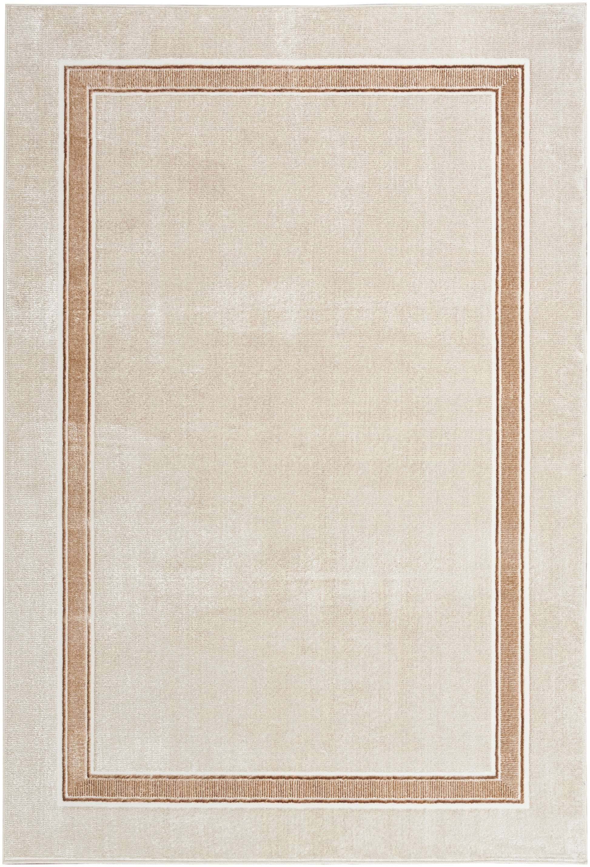 Cream-beige area rug with a double brown rectangular border; minimalist, classic style for living room or bedroom.