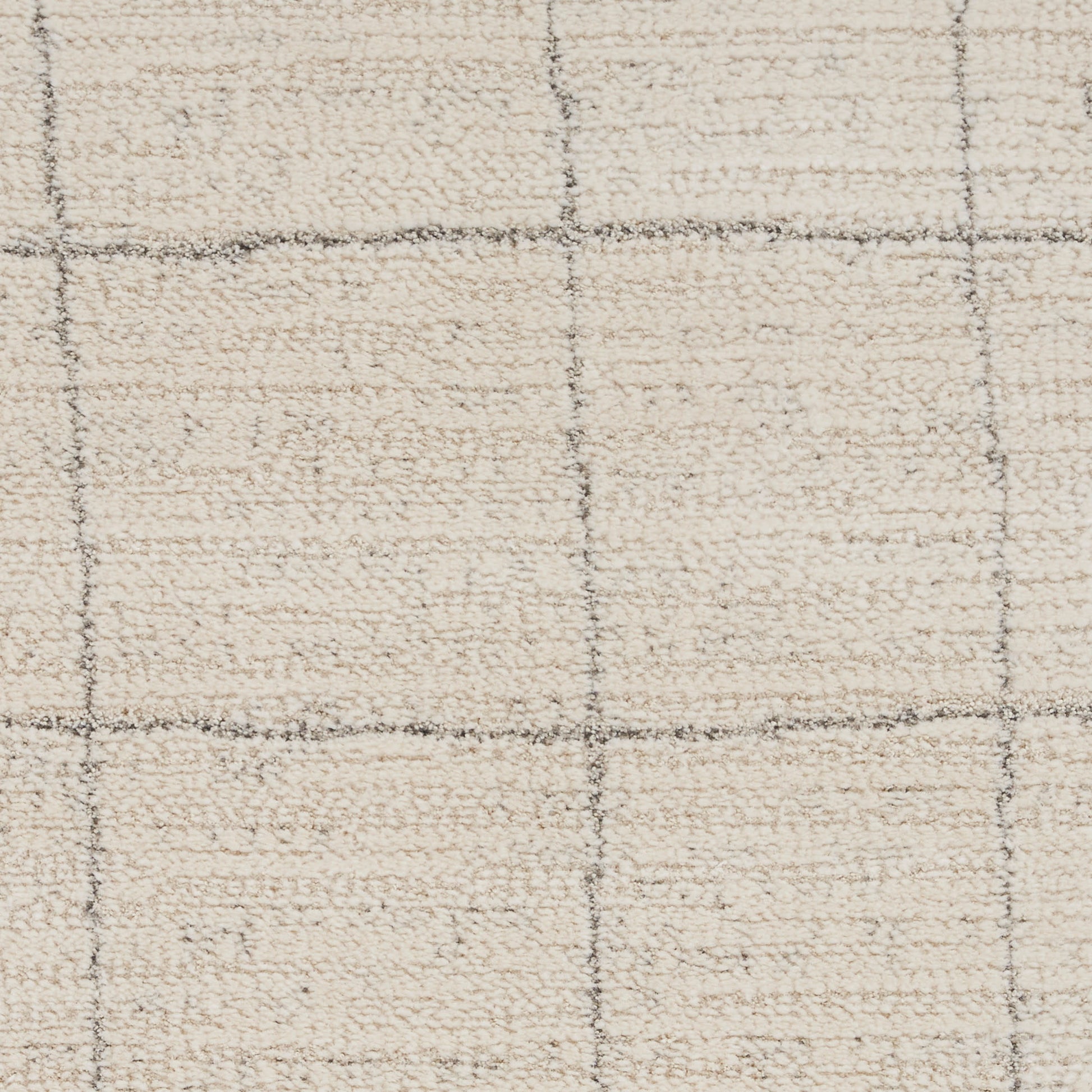 Beige textured rug with a thin dark gray grid pattern in a square motif, soft plush pile, 9' x 12'.