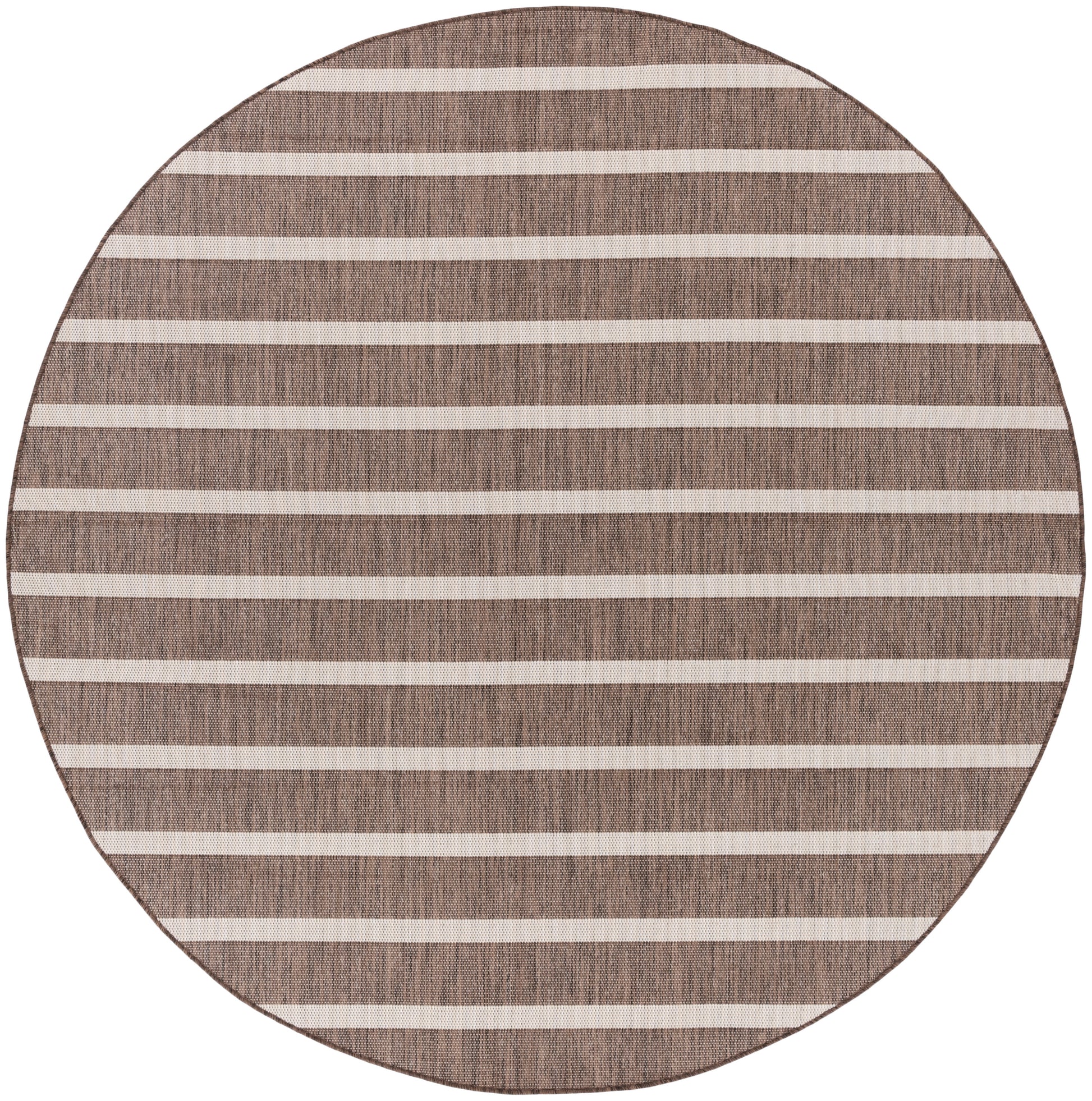 Round brown woven rug with light beige horizontal stripes.