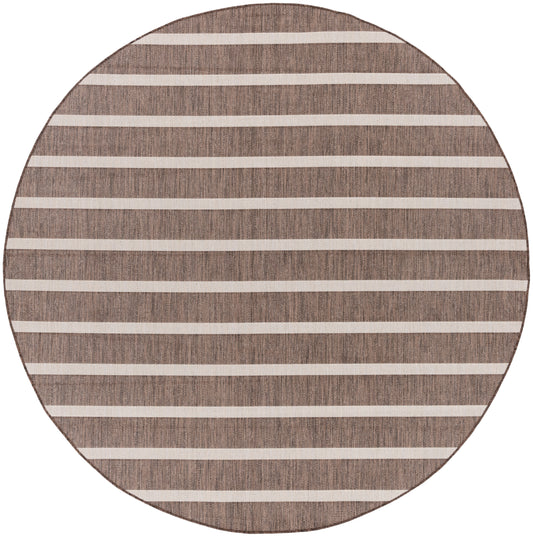 Round brown woven rug with light beige horizontal stripes.