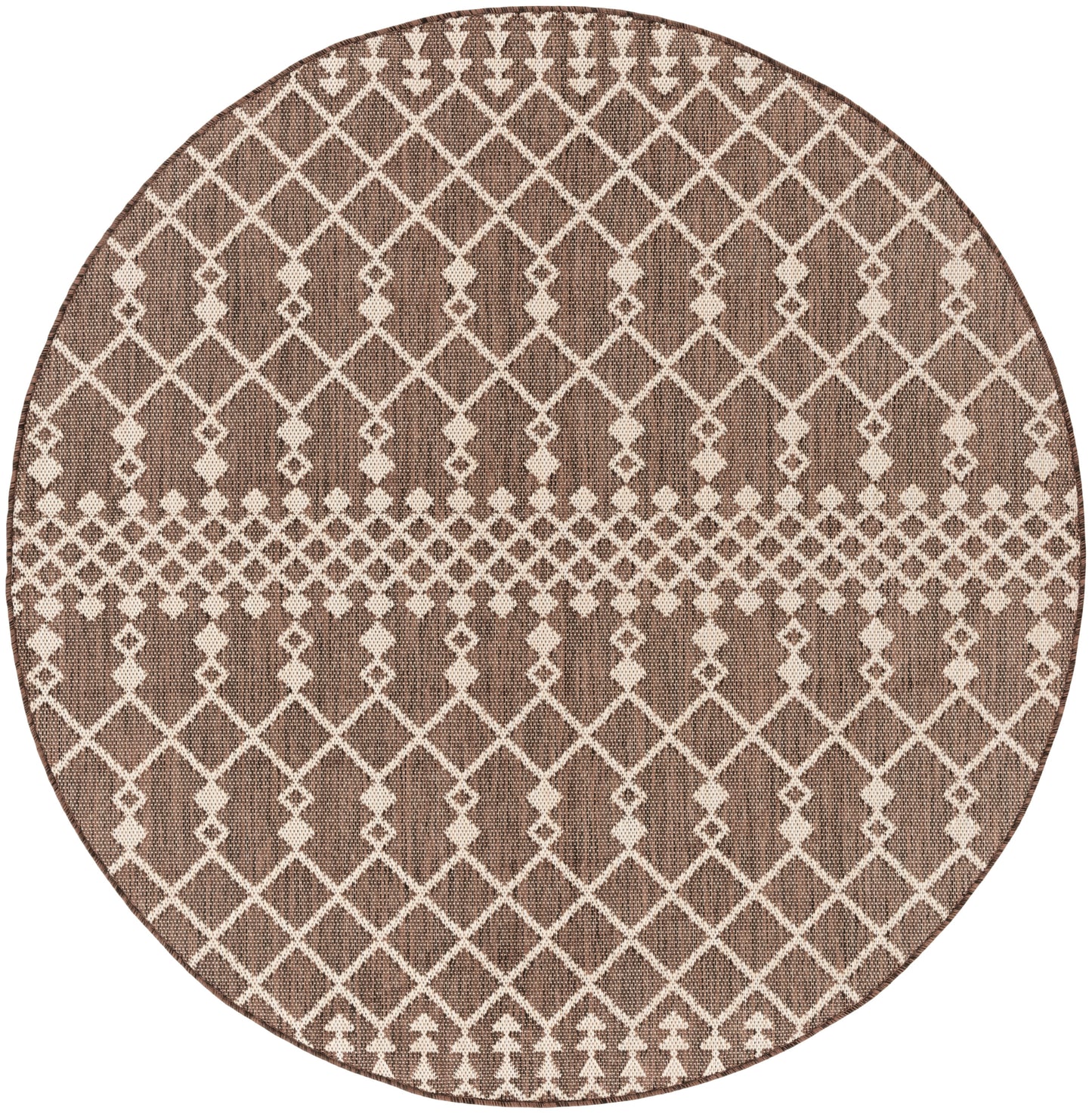 Round brown woven rug with ivory lattice geometric pattern; rustic boho style for living room or bedroom.