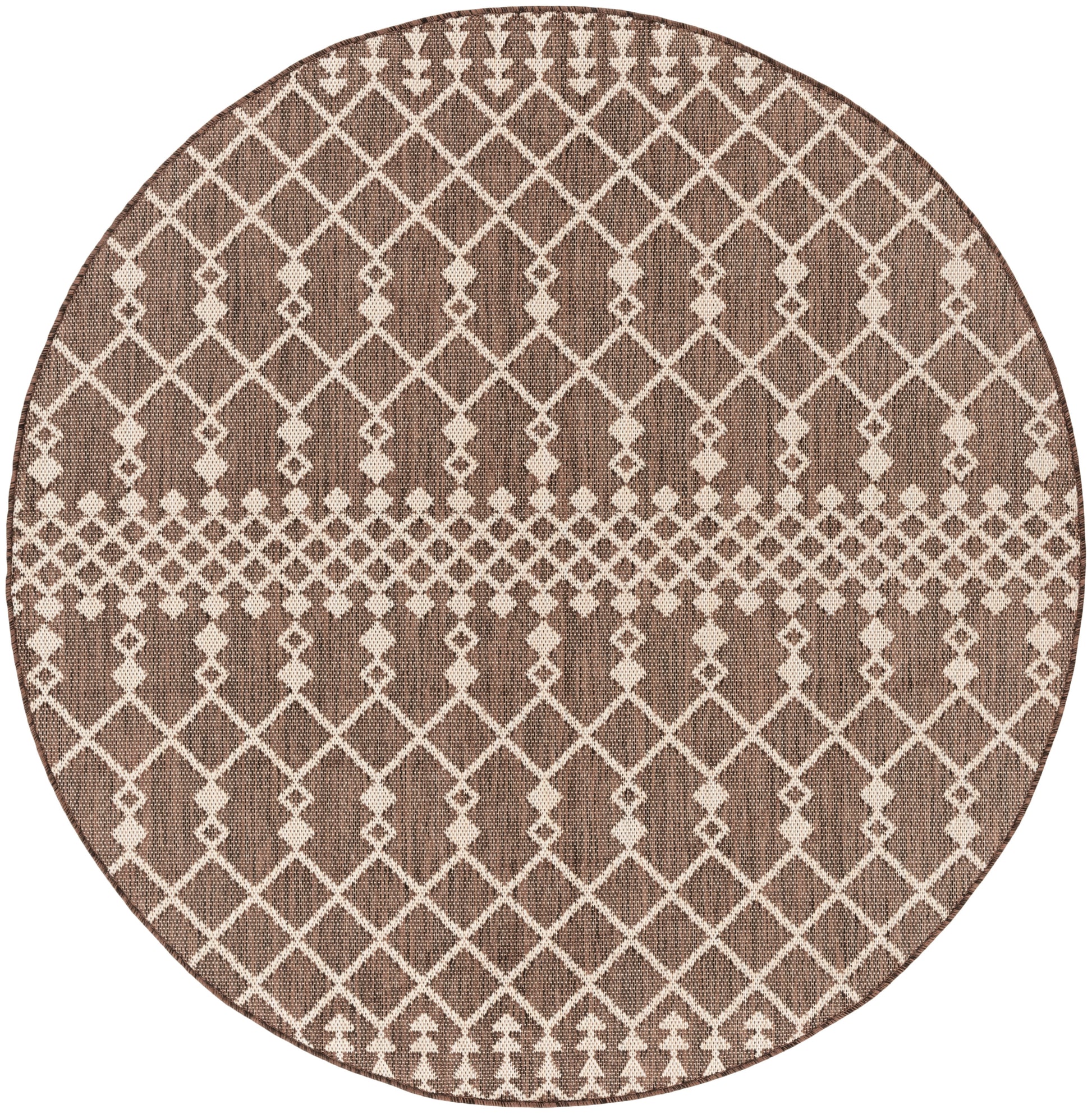 Round brown woven rug with ivory lattice geometric pattern; rustic boho style for living room or bedroom.