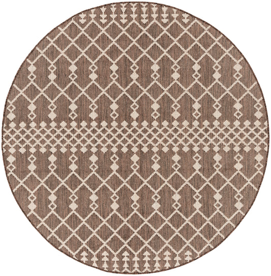 Round brown woven rug with ivory lattice geometric pattern; rustic boho style for living room or bedroom.