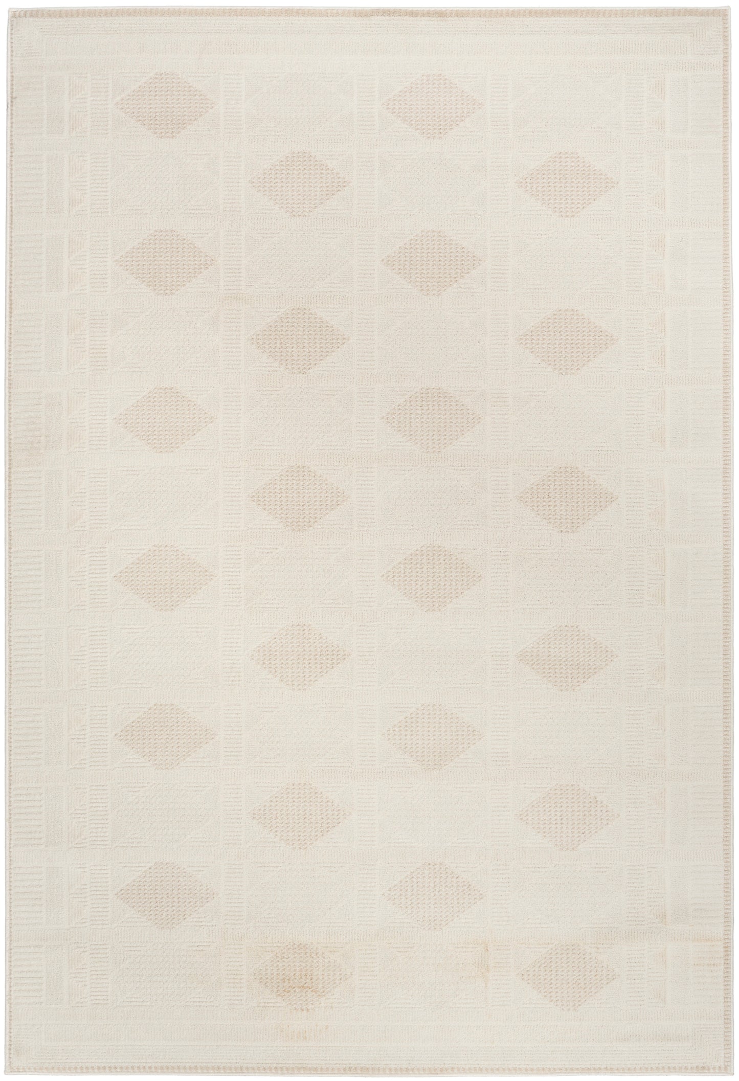 Ivory rectangular rug with a pale beige diamond grid, woven texture, 4' x 6' size, modern minimalist home decor.