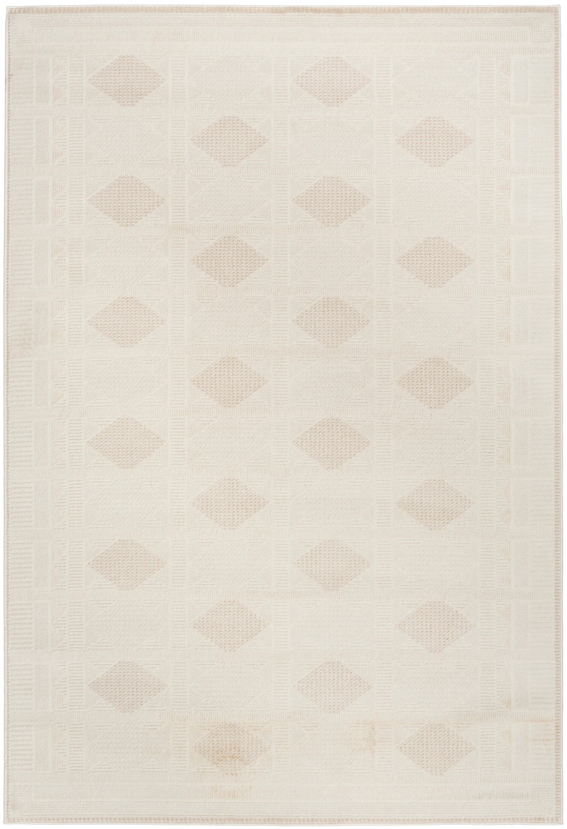 Ivory rectangular rug with a pale beige diamond grid, woven texture, 4' x 6' size, modern minimalist home decor.