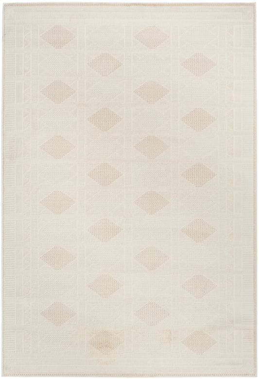 Ivory rectangular rug with a pale beige diamond grid, woven texture, 4' x 6' size, modern minimalist home decor.