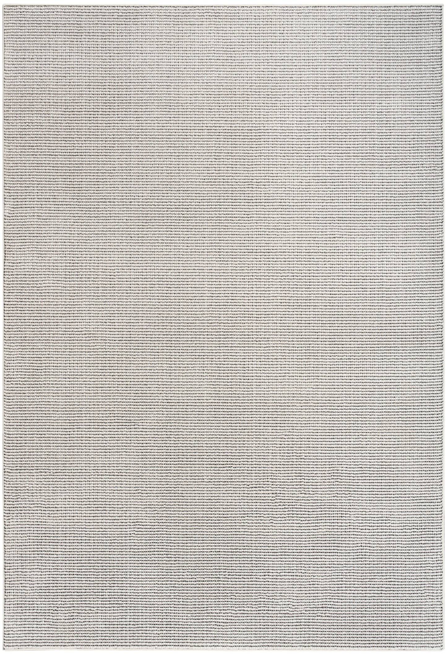 Rectangular beige-gray woven rug with subtle horizontal stripes & soft texture.