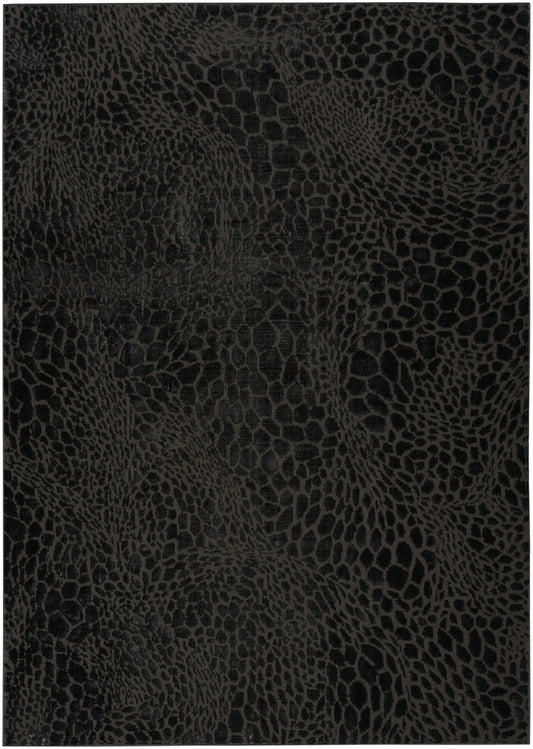 Black rug with a crocodile-style reptile-skin pattern and embossed textured surface; 6' x 9'.