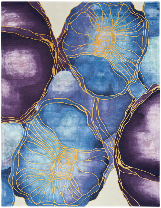 Abstract floral rug in blue and purple with gold outlines; large circular blooms on cream backdrop; modern living room accent.