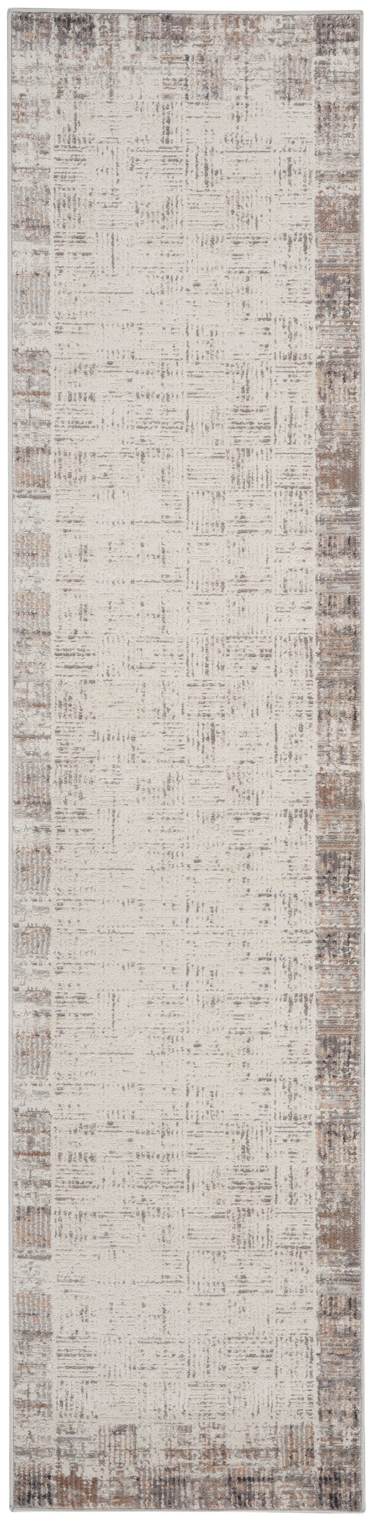 Long beige runner rug with distressed taupe-speckled texture and brown border; soft woven look.