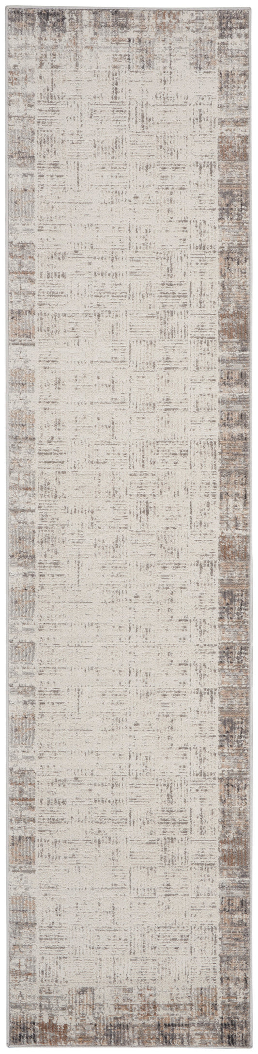 Long beige runner rug with distressed taupe-speckled texture and brown border; soft woven look.