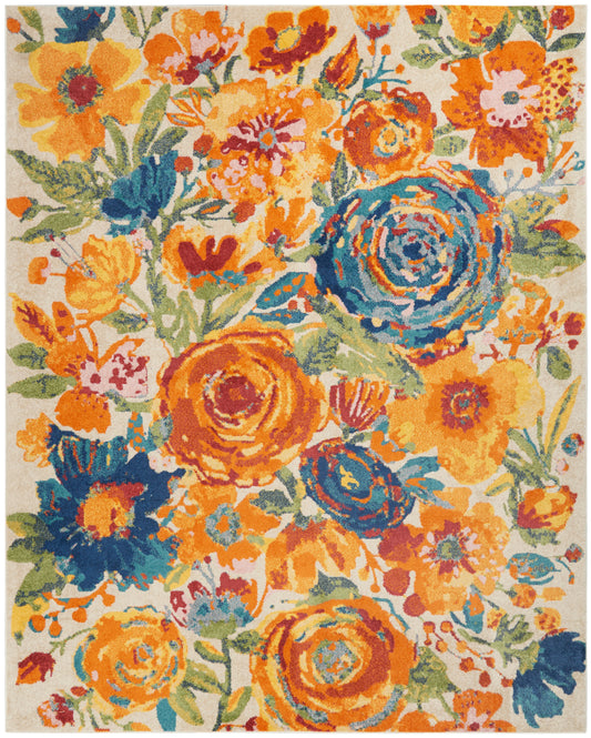 Vibrant floral rug featuring orange, yellow, and blue blooms with green leaves in a dense botanical pattern.