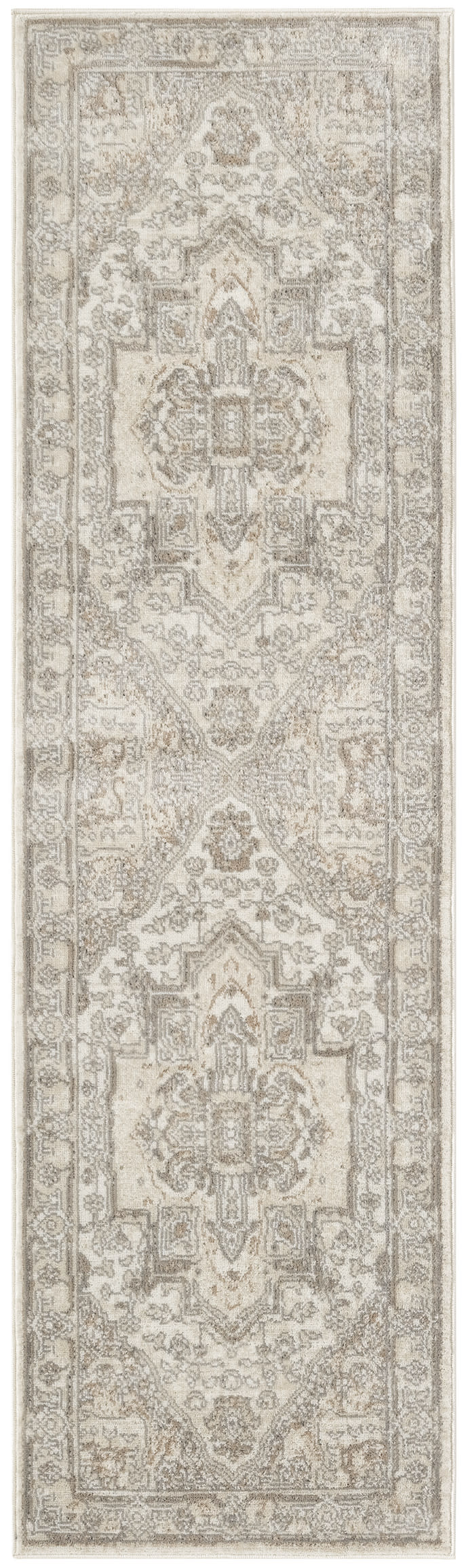 Neutral beige-gray Persian-style runner rug with ornate medallions along length and floral border.