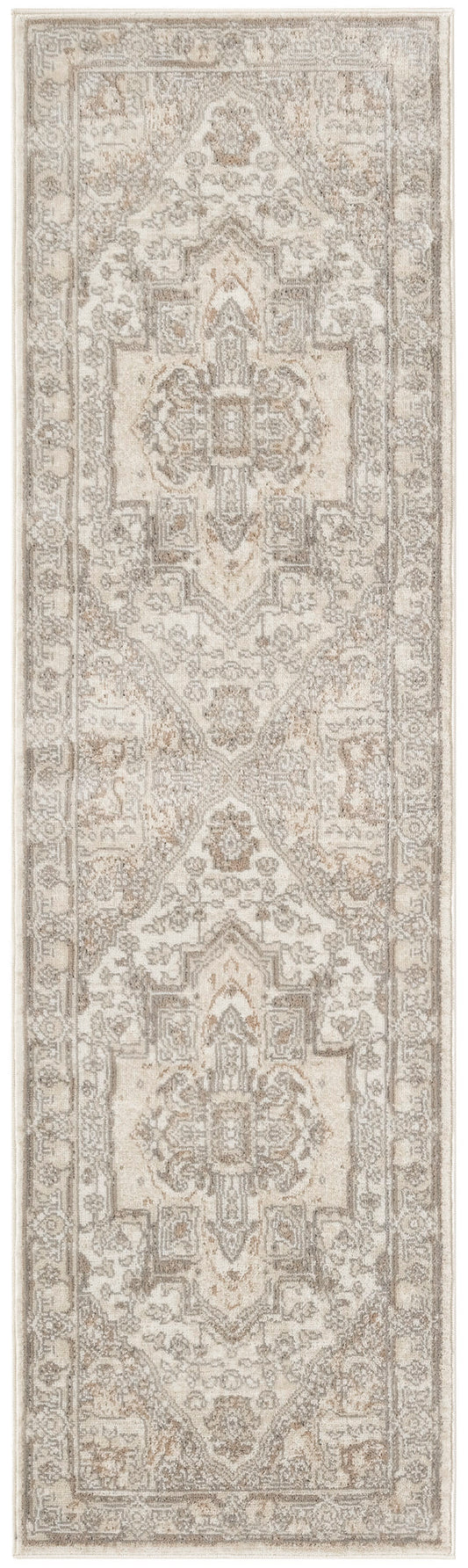 Neutral beige-gray Persian-style runner rug with ornate medallions along length and floral border.