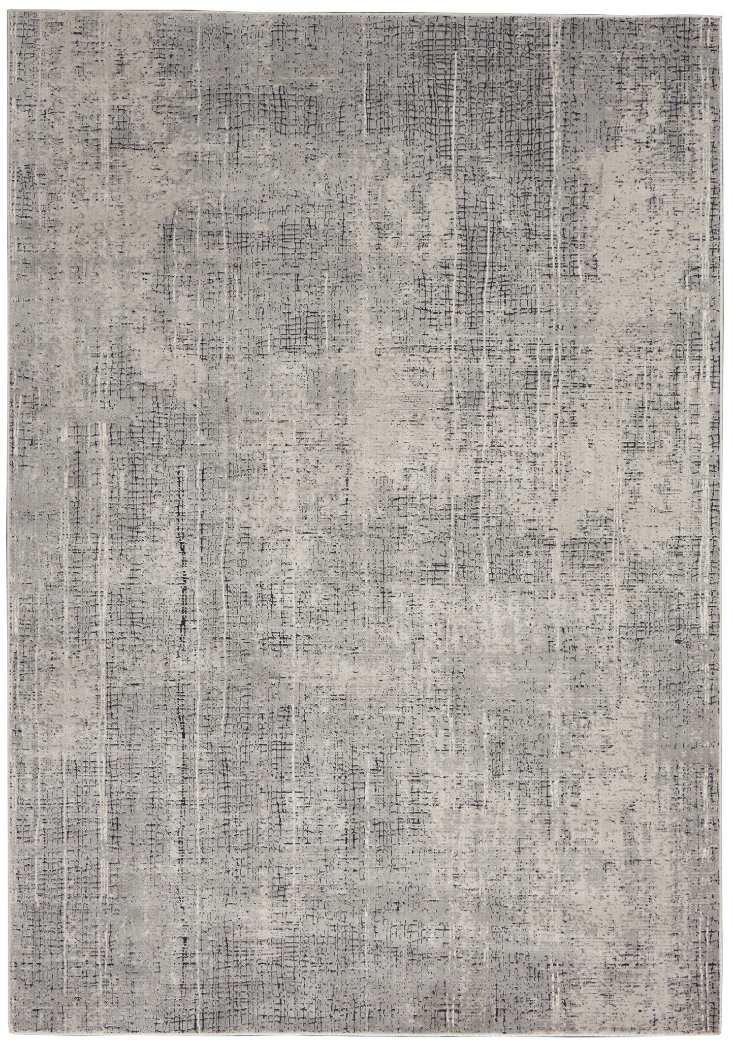 Gray distressed area rug with abstract pattern and subtle linear texture.