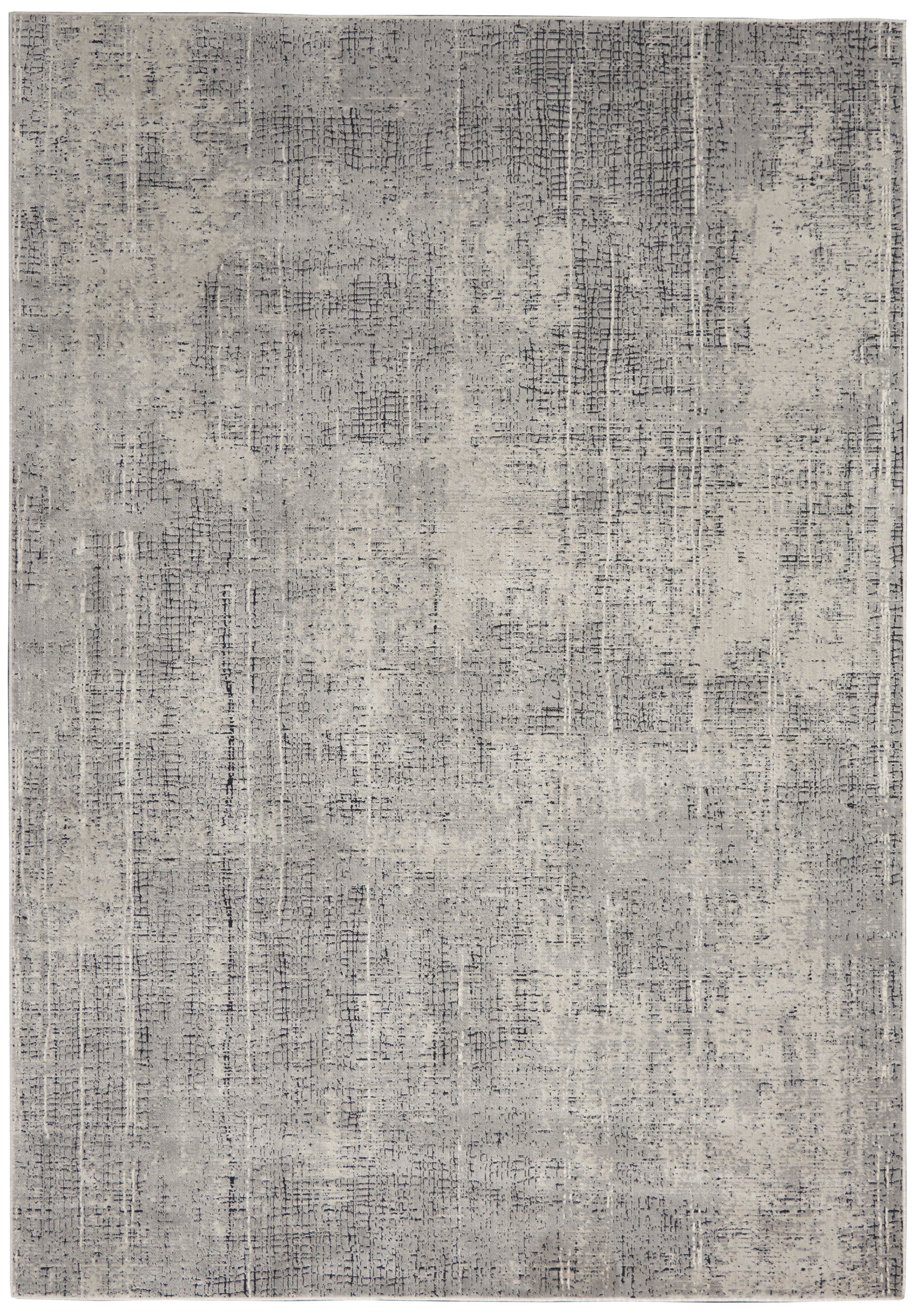 Gray distressed area rug with abstract pattern and subtle linear texture.