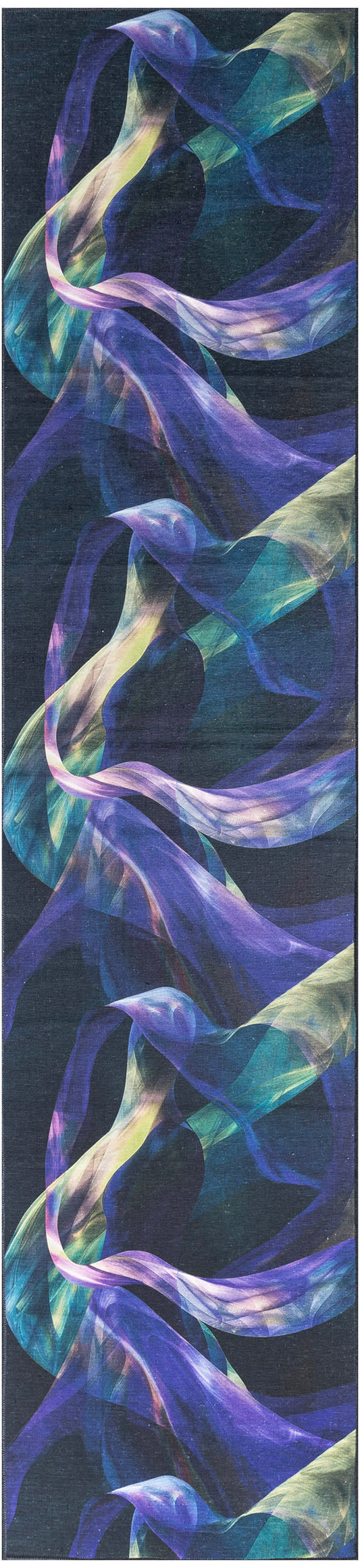 Silky abstract scarf with iridescent purple, blue and teal ribbons twisting across dark fabric.