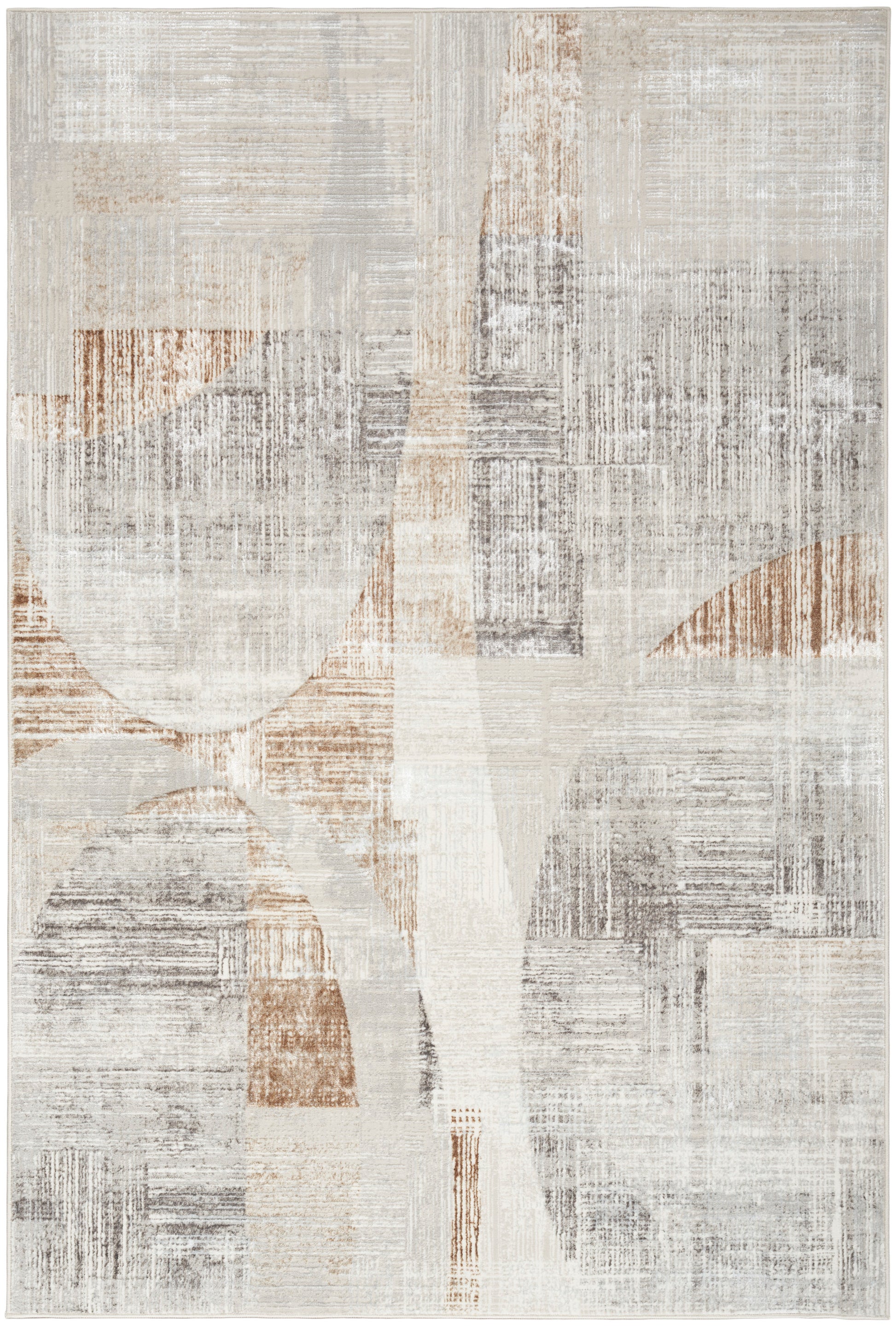 Abstract geometric area rug in neutral cream, beige, taupe, & gray with a distressed patchwork pattern.