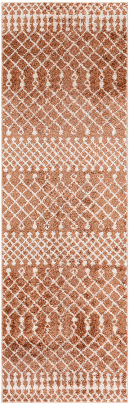 Rectangular copper-brown rug with white lattice and teardrop motifs; warm geometric pattern for living rooms.
