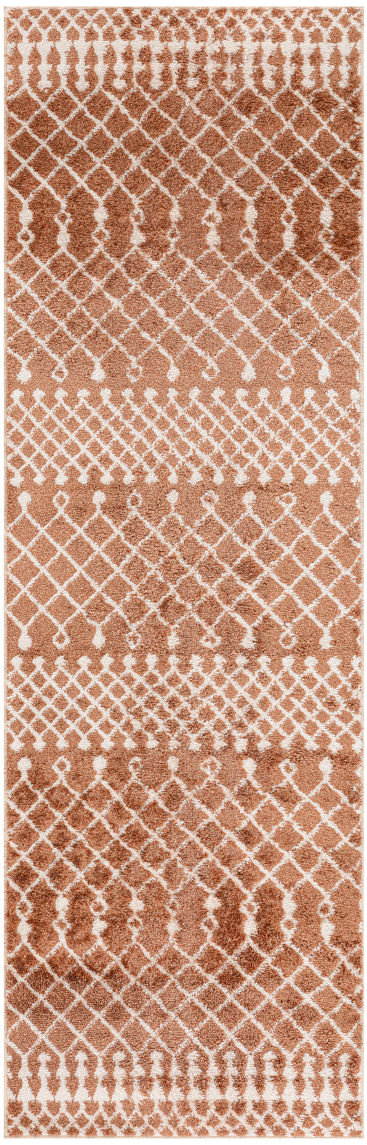 Rectangular copper-brown rug with white lattice and teardrop motifs; warm geometric pattern for living rooms.