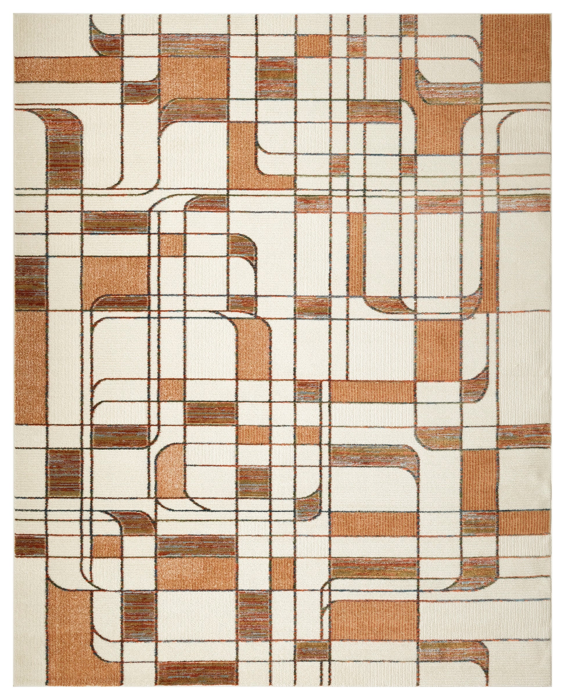 Abstract geometric area rug with orange-brown curved lines and grid shapes on cream background; modern retro, soft pile.