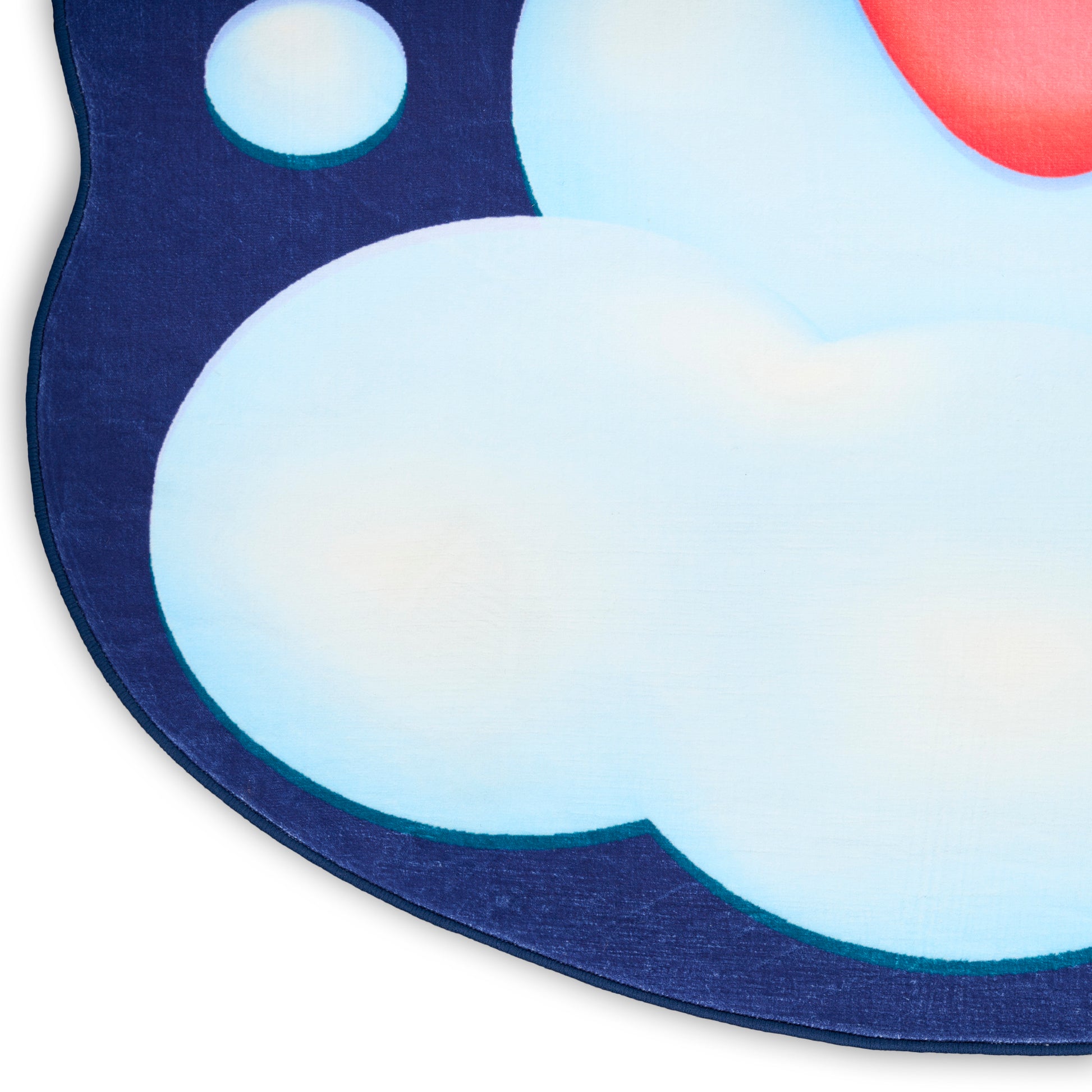 Cartoon cloud rug with navy border, light blue clouds, red sun accent; soft plush & kid decor.