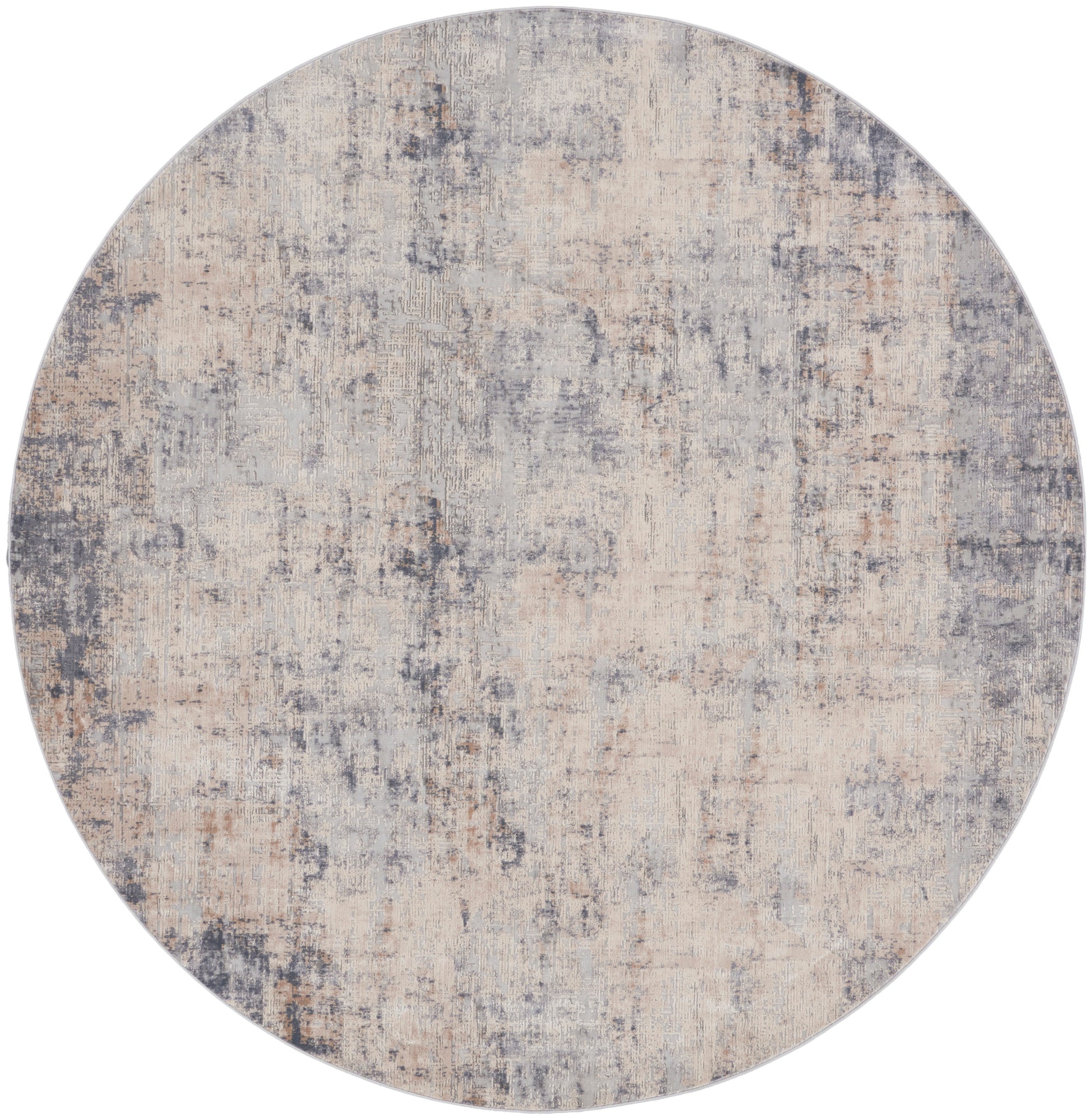Round area rug with muted abstract pattern in beige, gray & blue hues; modern look, 5' round.