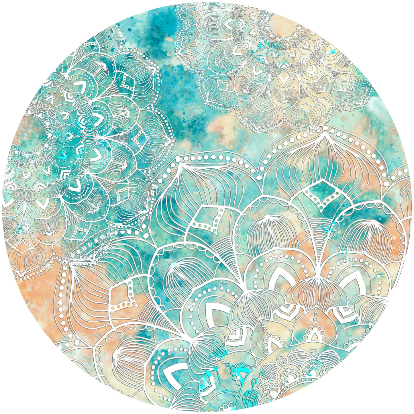 Round wall art print with turquoise watercolor background and delicate white mandala patterns.