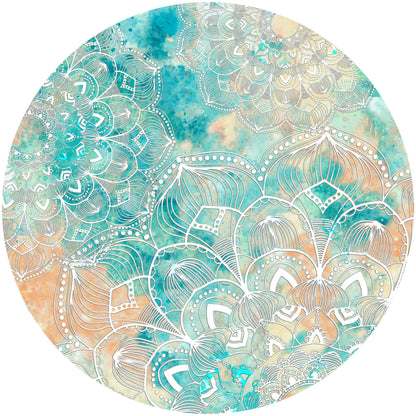 Round wall art print with turquoise watercolor background and delicate white mandala patterns.