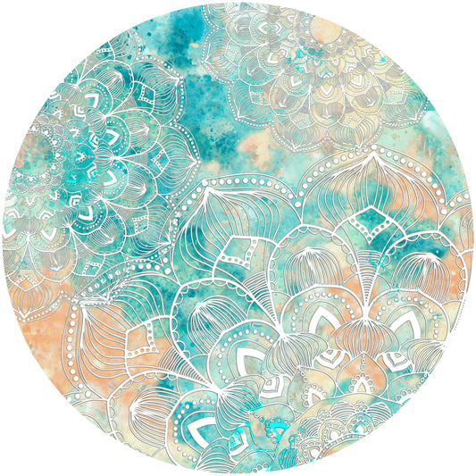 Round wall art print with turquoise watercolor background and delicate white mandala patterns.