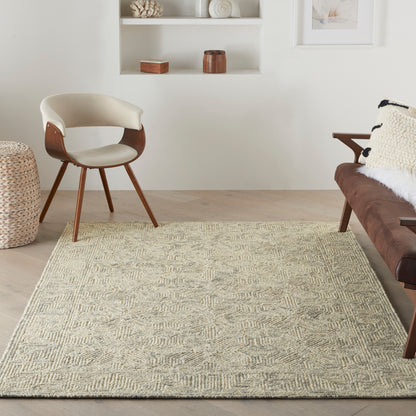 Beige textured geometric rug in a light living room, 4' x 6'.