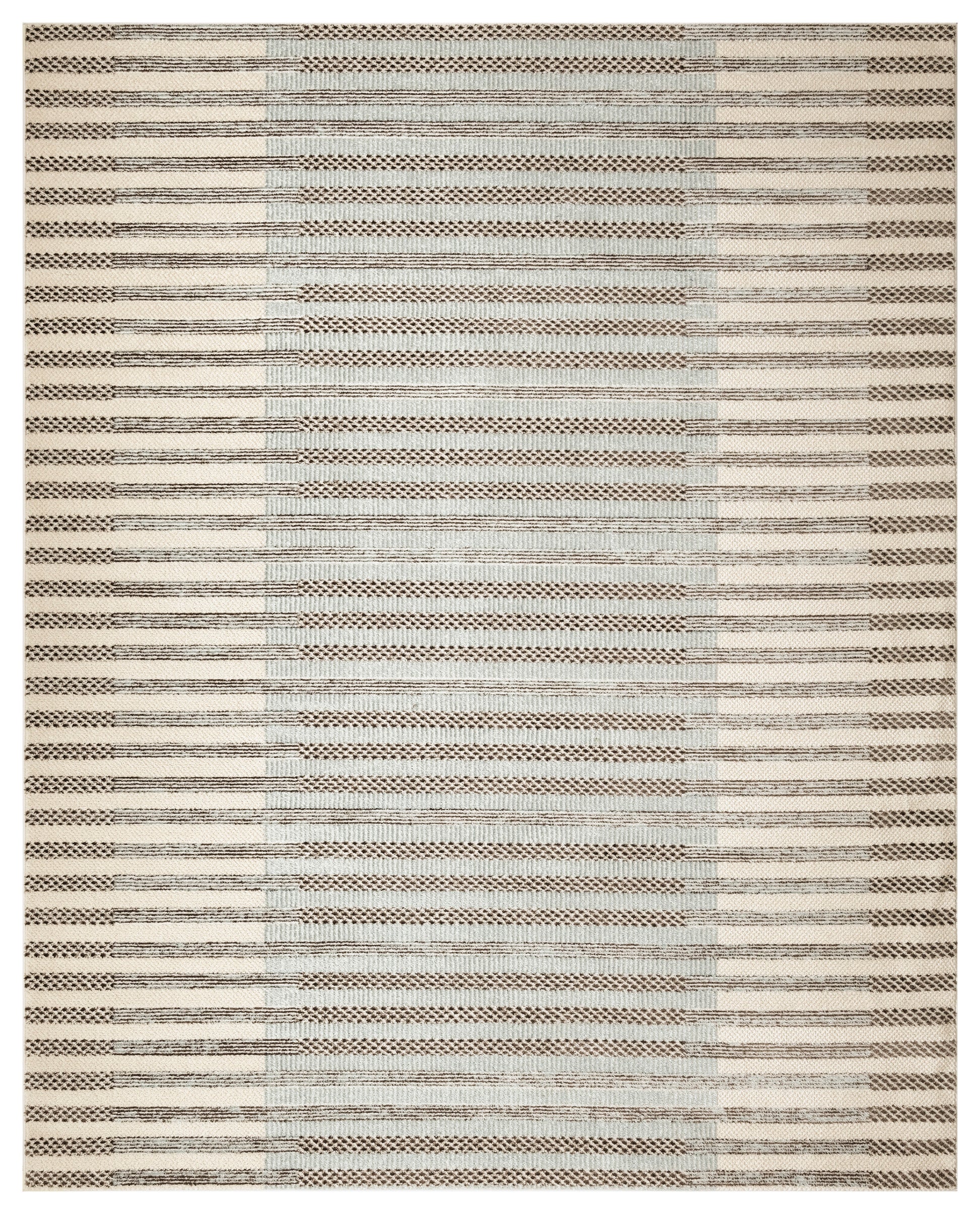 Flat-weave rug in beige and cream with alternating thin and wide horizontal stripes and textured weave.