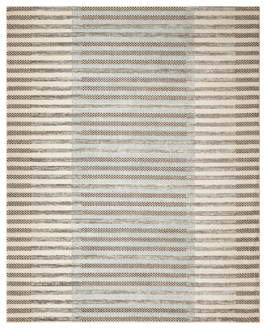 Flat-weave rug in beige and cream with alternating thin and wide horizontal stripes and textured weave.