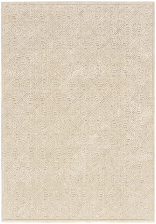 Beige textured rug with repeating embossed circular motif, subtle border, ideal for living rooms.
